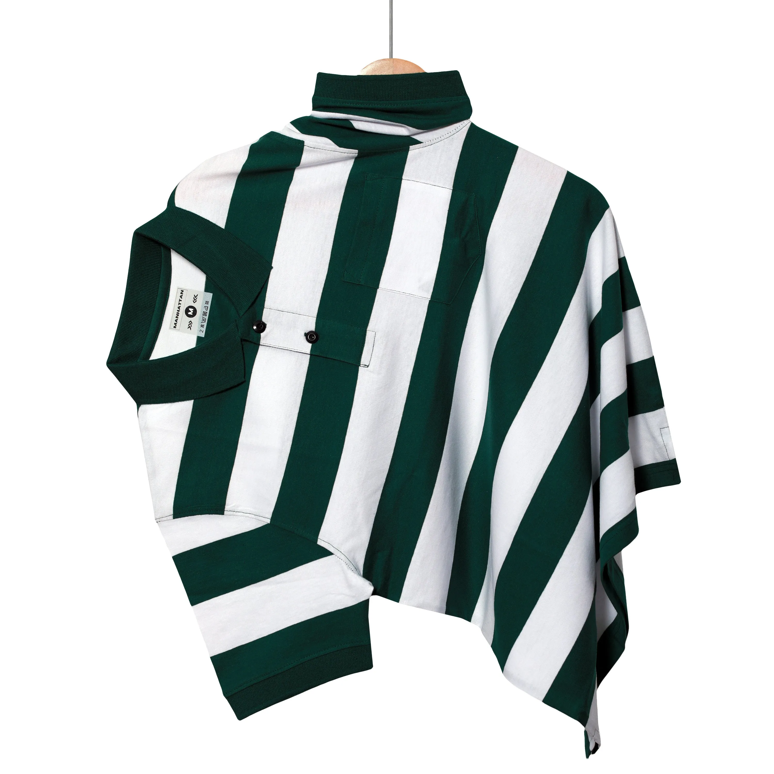 Premium Cotton Striped Polo Pocket (Green/White Stripes)