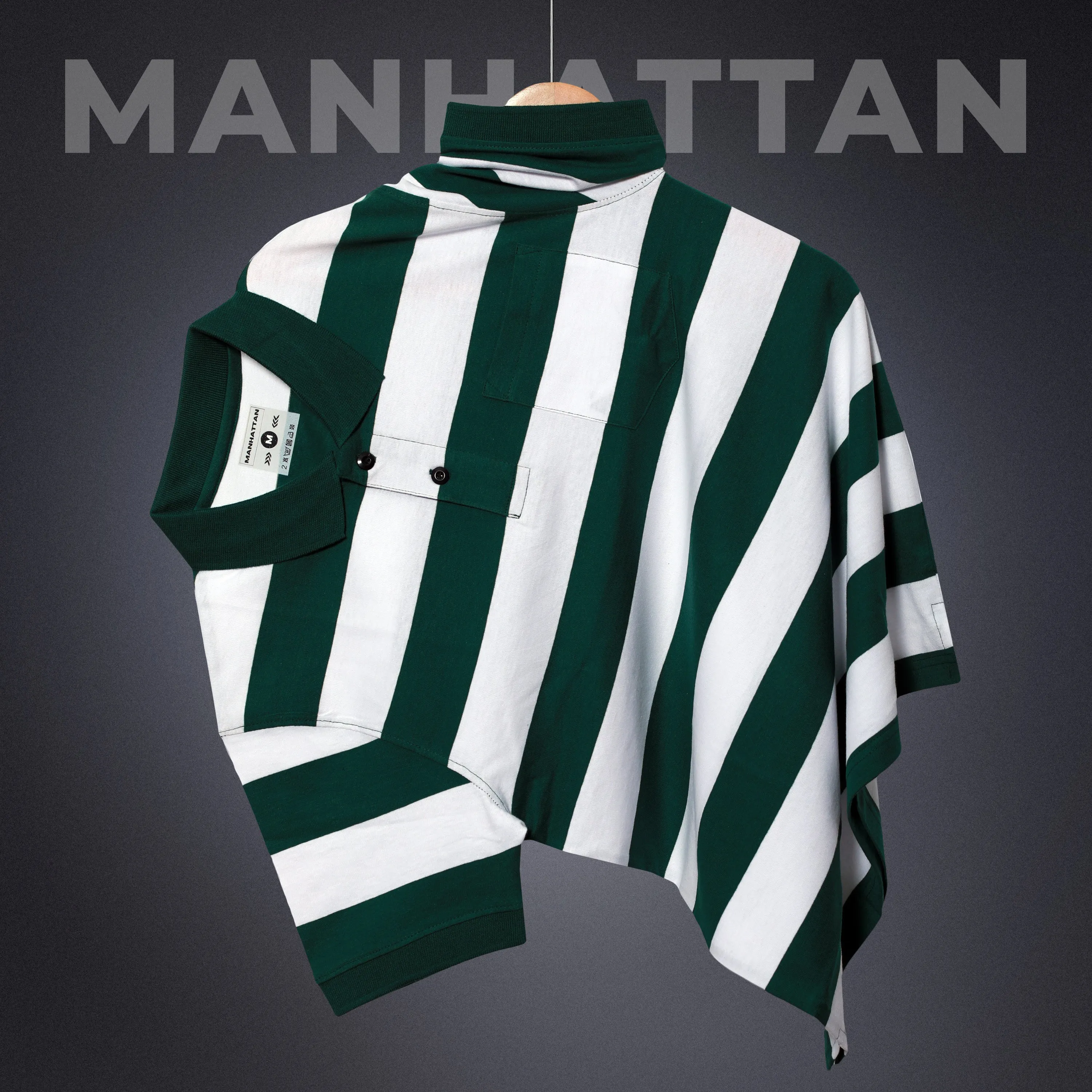 Premium Cotton Striped Polo Pocket (Green/White Stripes)
