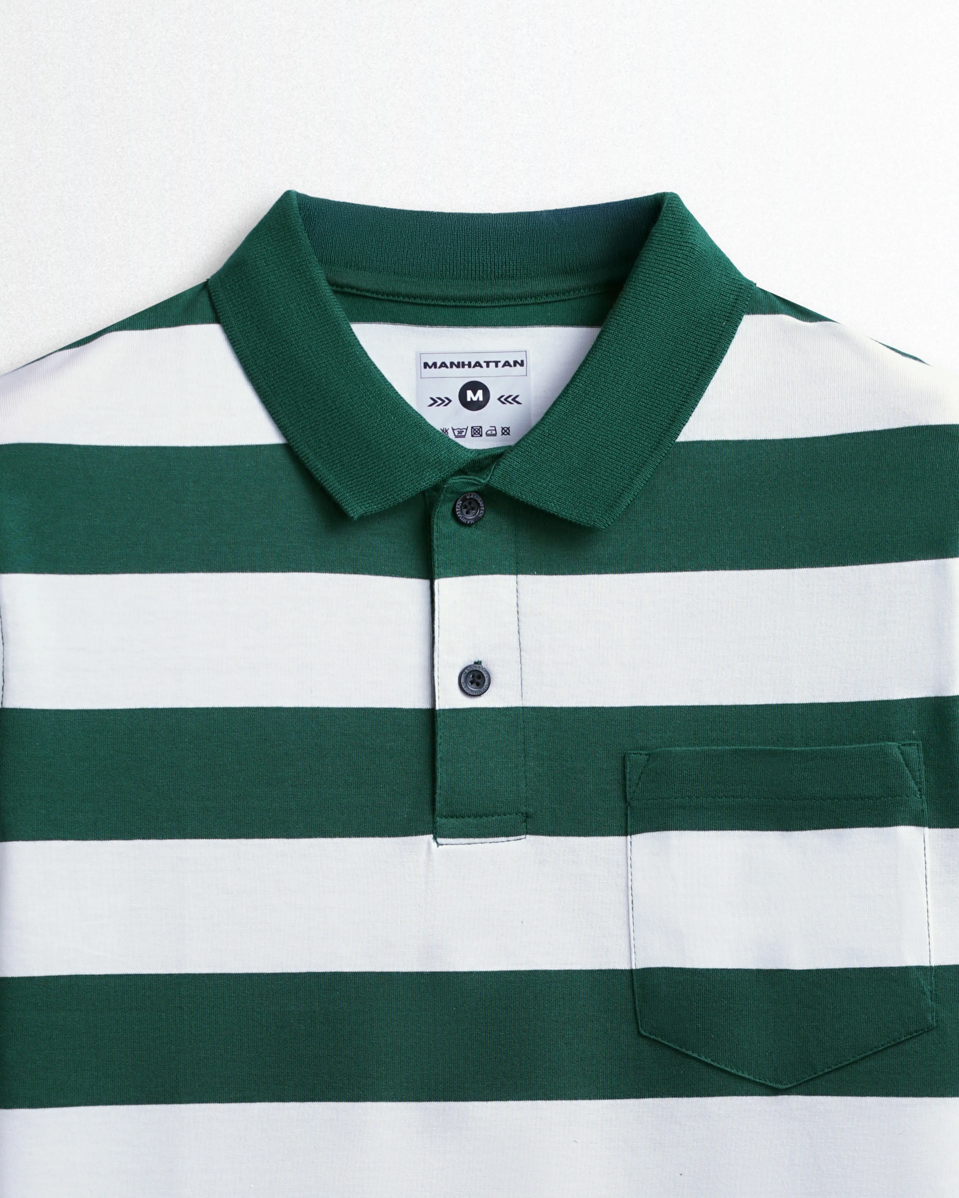 Premium Cotton Striped Polo Pocket (Green/White Stripes)