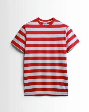 Premium Yarn Striped Cotton T-Shirts (White/ Red)