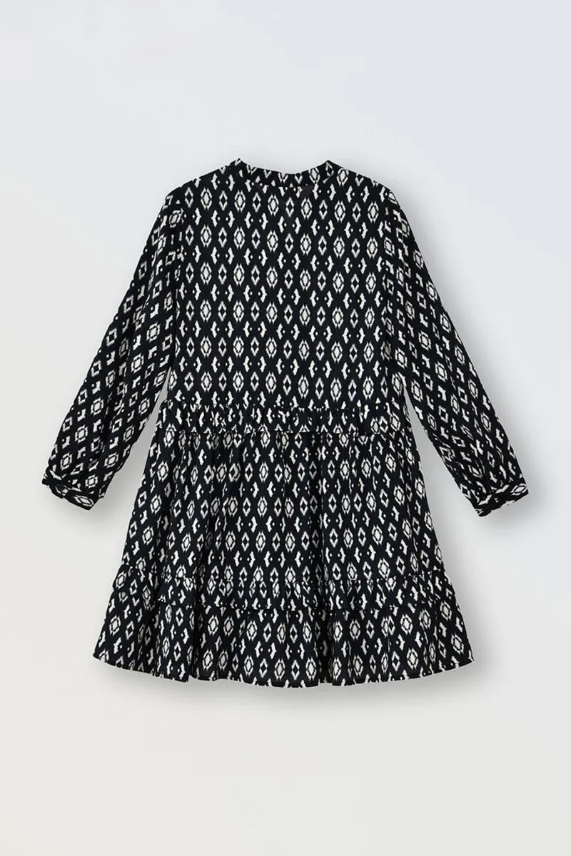 PRINTED DRESS, RUFFLED WAIST