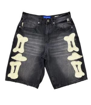 R3bel Denim Jorts Bone Patch Distressed Black