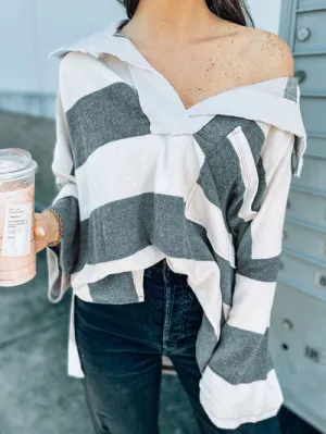Reagen Striped Collared Neck Long Sleeve T-Shirt