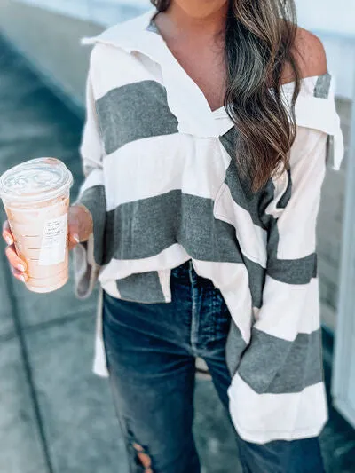 Reagen Striped Collared Neck Long Sleeve T-Shirt