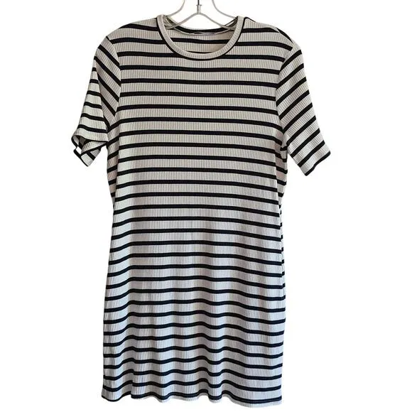 REFORMATION Charli Ribbed Ceto Striped T Shirt Dress Black White Women's M