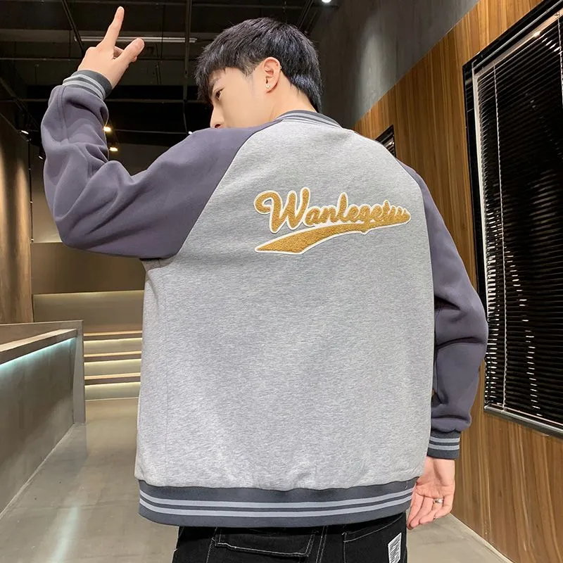 Relaxed-Fit Button-Up Varsity Jacket Featuring Patchwork Design
