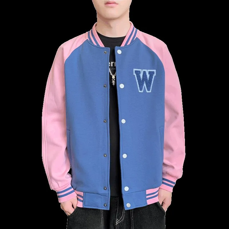 Relaxed-Fit Button-Up Varsity Jacket Featuring Patchwork Design
