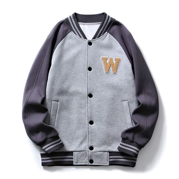 Relaxed-Fit Button-Up Varsity Jacket Featuring Patchwork Design