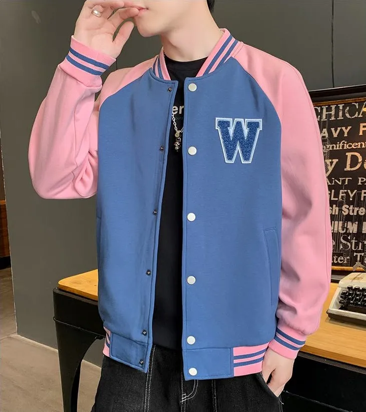 Relaxed-Fit Button-Up Varsity Jacket Featuring Patchwork Design