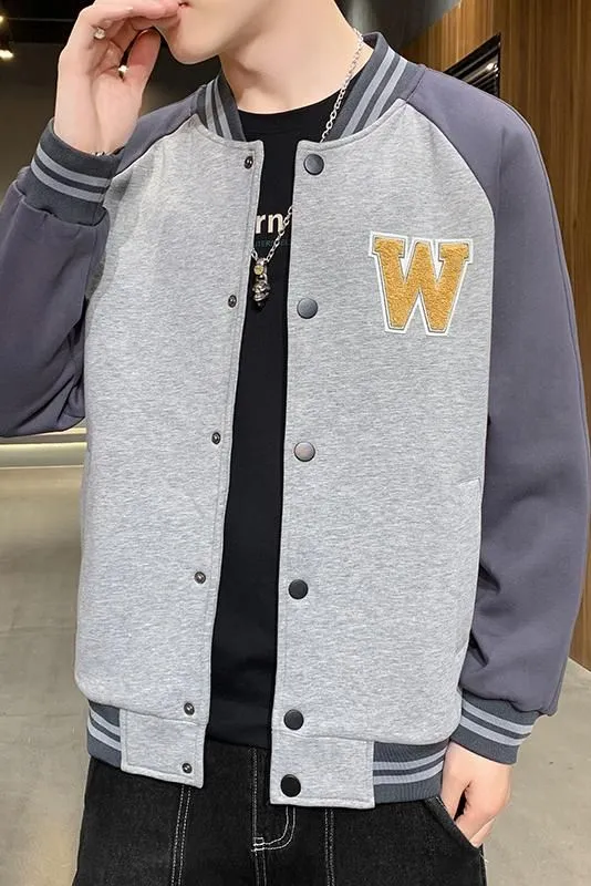 Relaxed-Fit Button-Up Varsity Jacket Featuring Patchwork Design