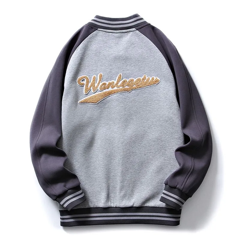 Relaxed-Fit Button-Up Varsity Jacket Featuring Patchwork Design