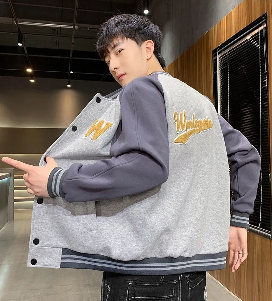 Relaxed-Fit Button-Up Varsity Jacket Featuring Patchwork Design