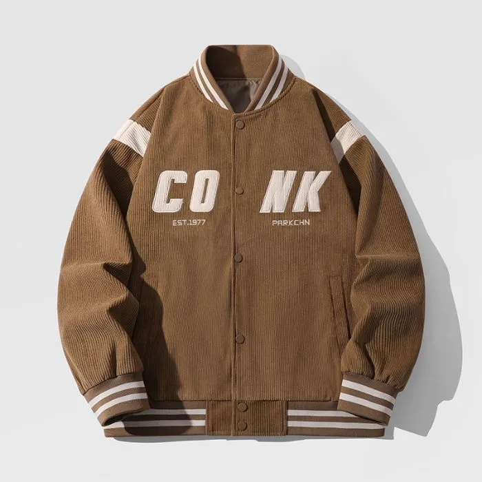 Retro-style Men's Varsity Jacket with Elastic Band Cuff and Hem