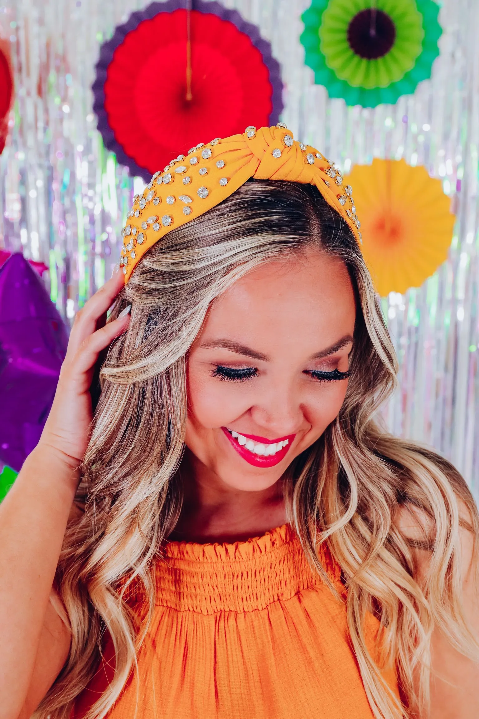 Rhinestone Knotted Headband - Yellow