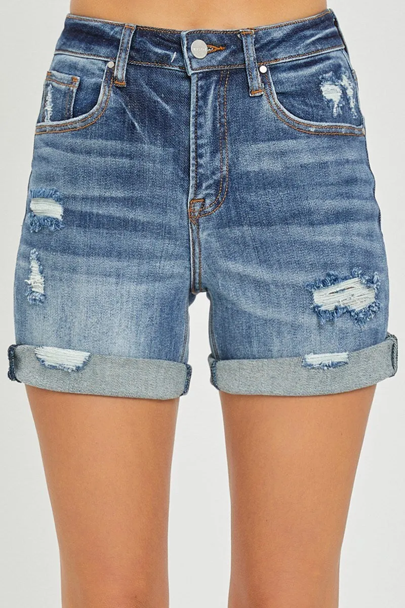 Risen | High Rise Distressed Roll Up Shorts
