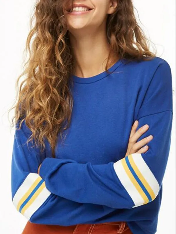 Round Neck Contrast Color Striped Casual Straight Long Sleeve Pullover Sweatshirt
