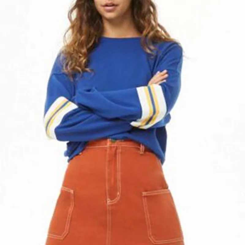 Round Neck Contrast Color Striped Casual Straight Long Sleeve Pullover Sweatshirt