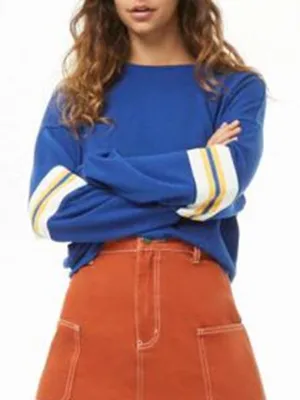 Round Neck Contrast Color Striped Casual Straight Long Sleeve Pullover Sweatshirt