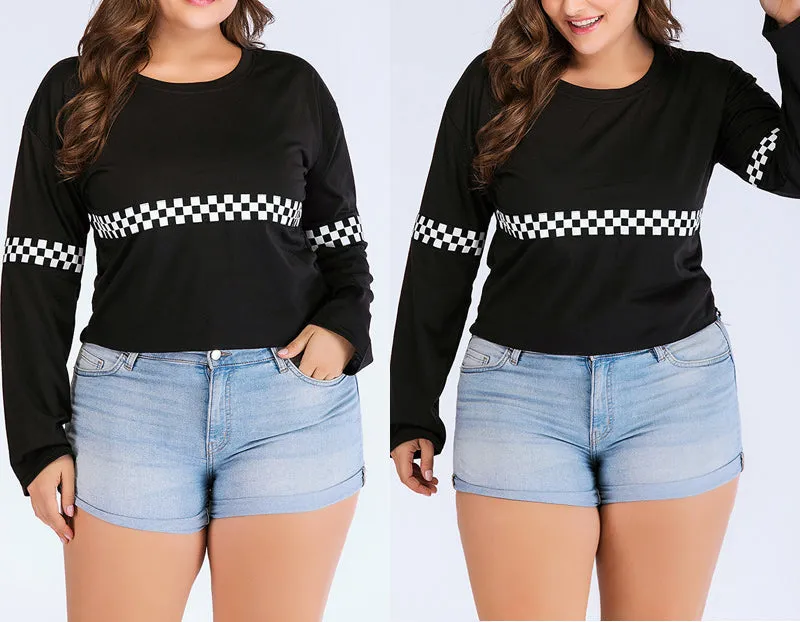 Round Neck Long Sleeve Large Size Print Loose T-shirt