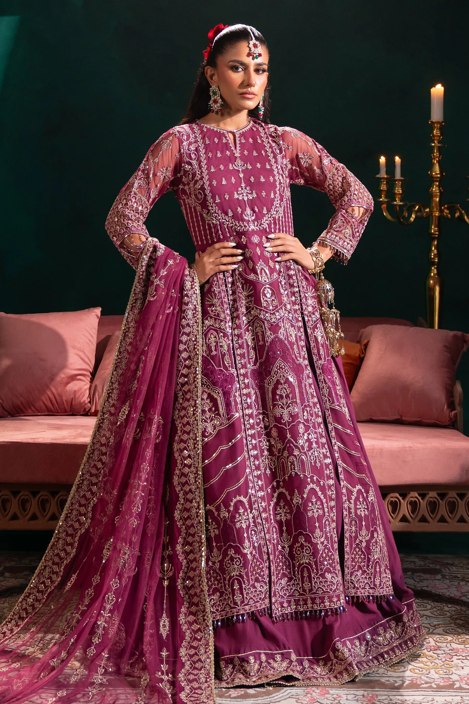 Royal Embroidered Pakistani Wedding Dress Plum Shade Lehenga Shirt