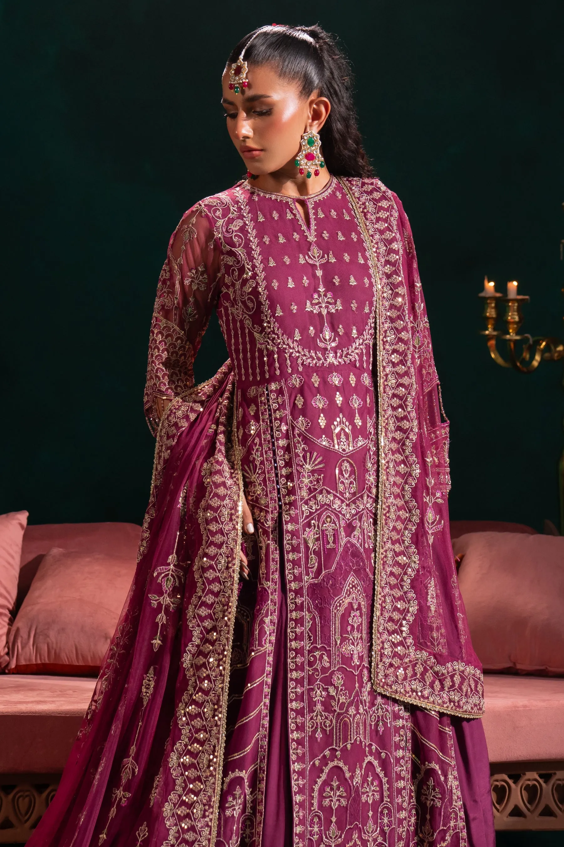 Royal Embroidered Pakistani Wedding Dress Plum Shade Lehenga Shirt