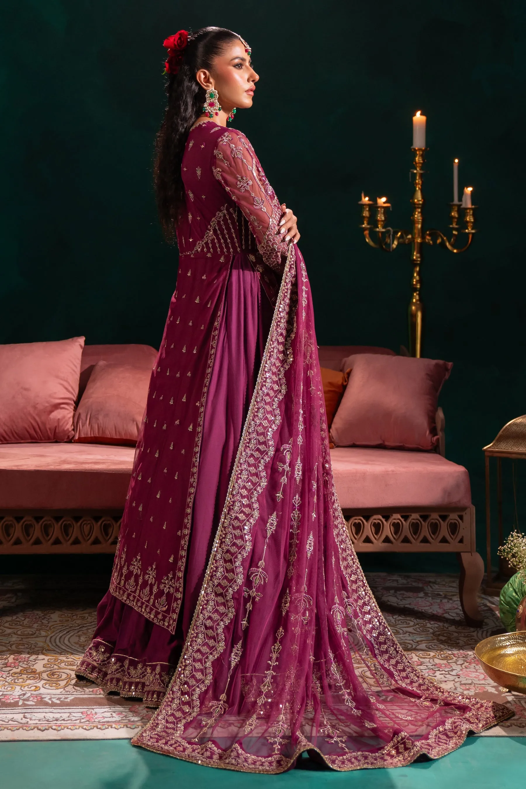 Royal Embroidered Pakistani Wedding Dress Plum Shade Lehenga Shirt