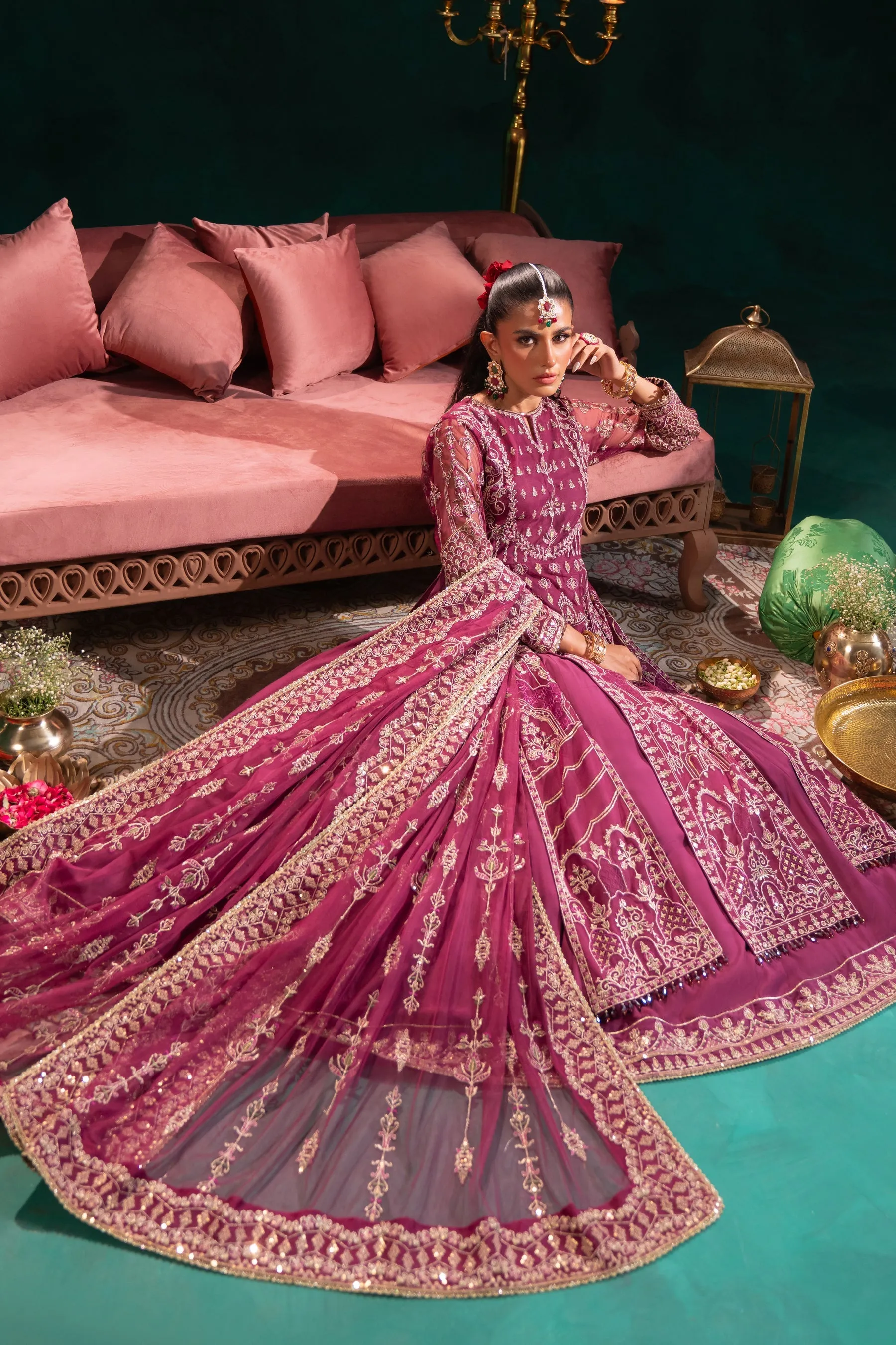 Royal Embroidered Pakistani Wedding Dress Plum Shade Lehenga Shirt