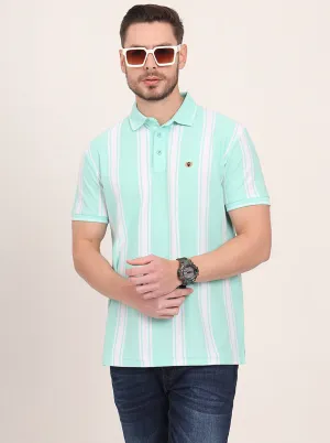 Sea Green & White Striped Slim Fit Polo T-Shirt | JadeBlue