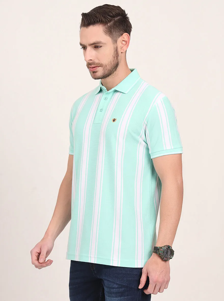 Sea Green & White Striped Slim Fit Polo T-Shirt | JadeBlue