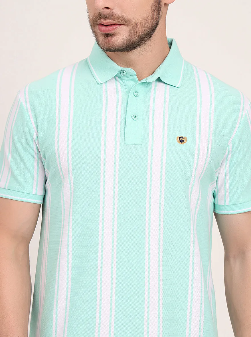 Sea Green & White Striped Slim Fit Polo T-Shirt | JadeBlue