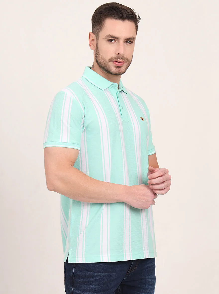 Sea Green & White Striped Slim Fit Polo T-Shirt | JadeBlue