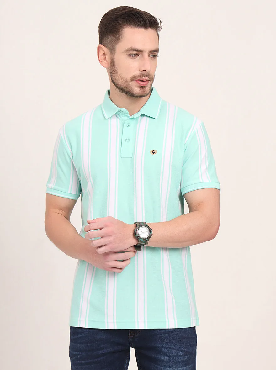 Sea Green & White Striped Slim Fit Polo T-Shirt | JadeBlue