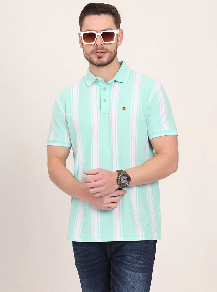Sea Green & White Striped Slim Fit Polo T-Shirt | JadeBlue