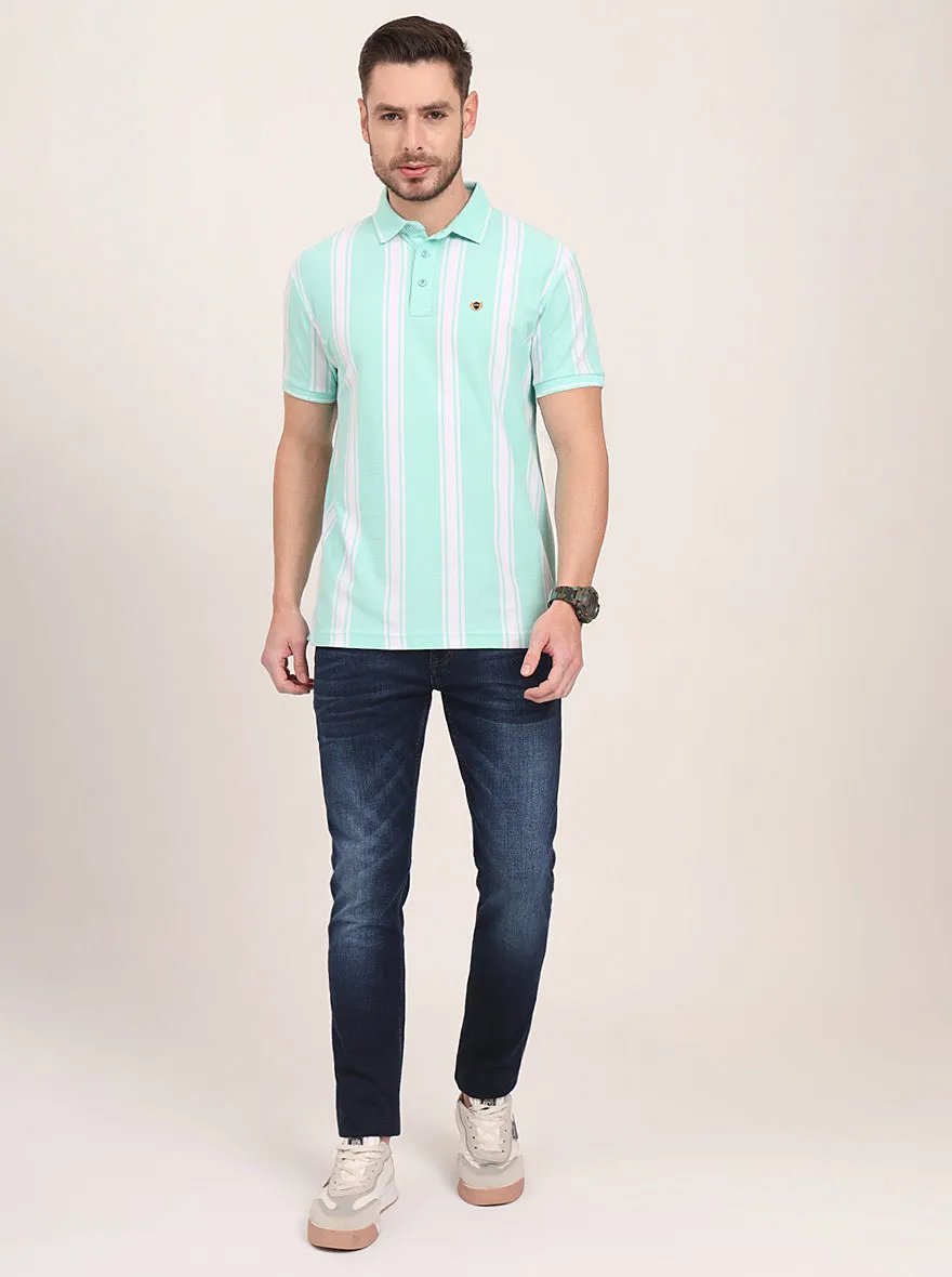 Sea Green & White Striped Slim Fit Polo T-Shirt | JadeBlue