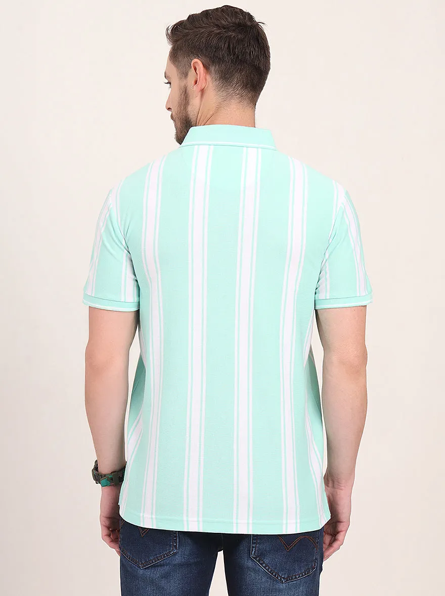 Sea Green & White Striped Slim Fit Polo T-Shirt | JadeBlue