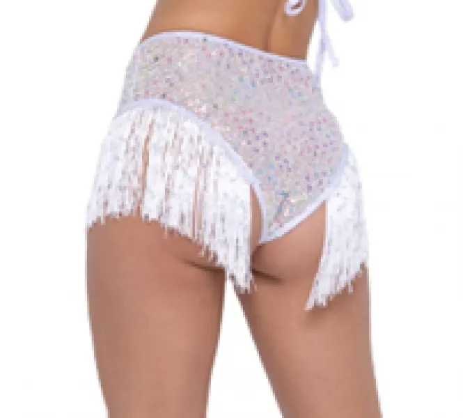 Sequin Fishnet High Waisted Shorts with Fringe Detail - White -