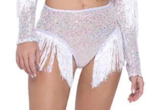 Sequin Fishnet High Waisted Shorts with Fringe Detail - White -