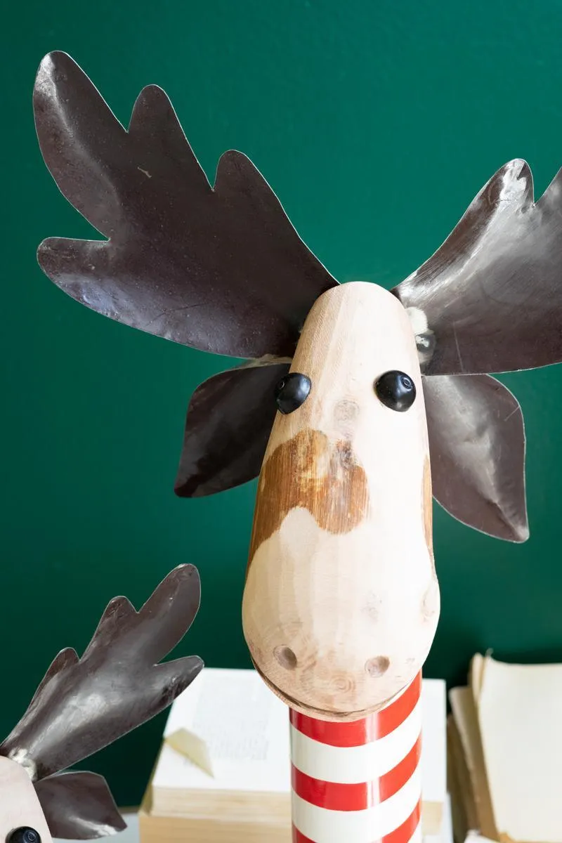 Set of 2 Recycled Iron Moose with Red & White Painted Wood Bases