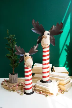 Set of 2 Recycled Iron Moose with Red & White Painted Wood Bases