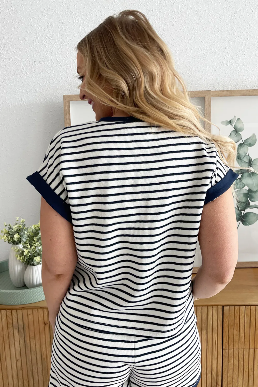 Short Sleeve Contrast Rib Striped Knit Top