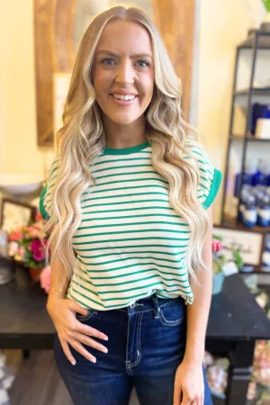 Short Sleeve Contrast Rib Striped Knit Top