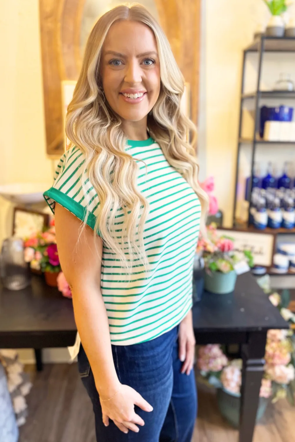 Short Sleeve Contrast Rib Striped Knit Top