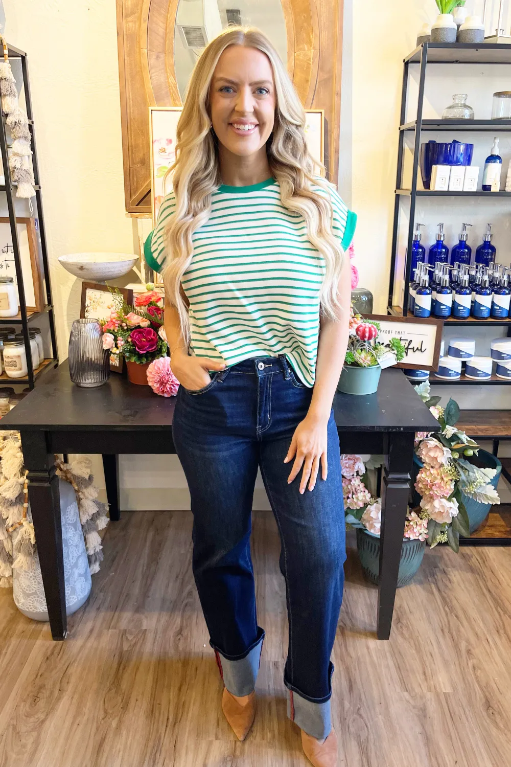 Short Sleeve Contrast Rib Striped Knit Top