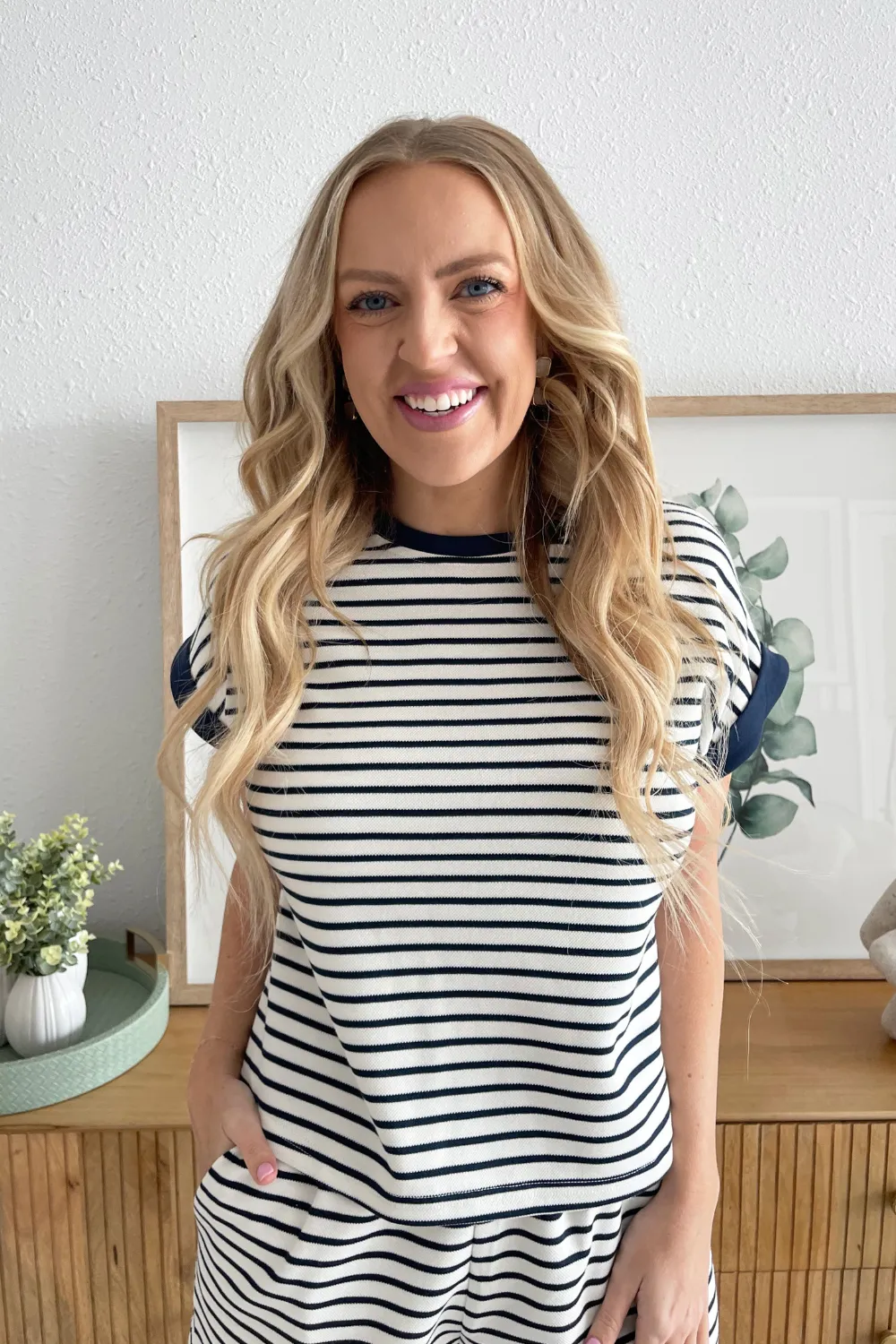 Short Sleeve Contrast Rib Striped Knit Top