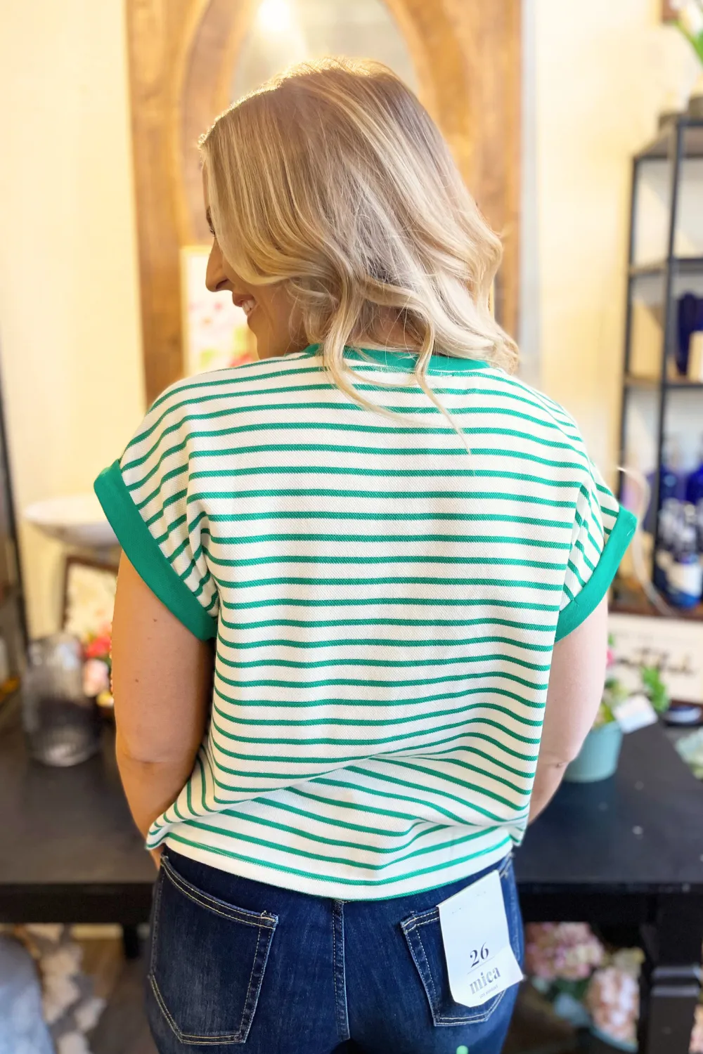 Short Sleeve Contrast Rib Striped Knit Top