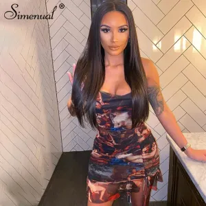 Simenual Ästhetischen Druck Sexy Frauen Party Kleider Mode Sleeveless Strap Kordelzug Geraffte Clubwear Mini Kleid Bodycon Sommer