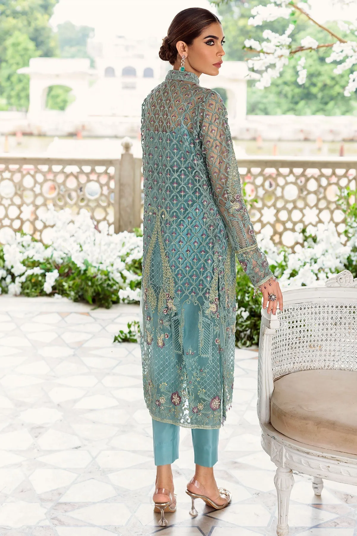 Sky Blue Embroidered Capri Shirt with Gown Pakistani Eid Dress