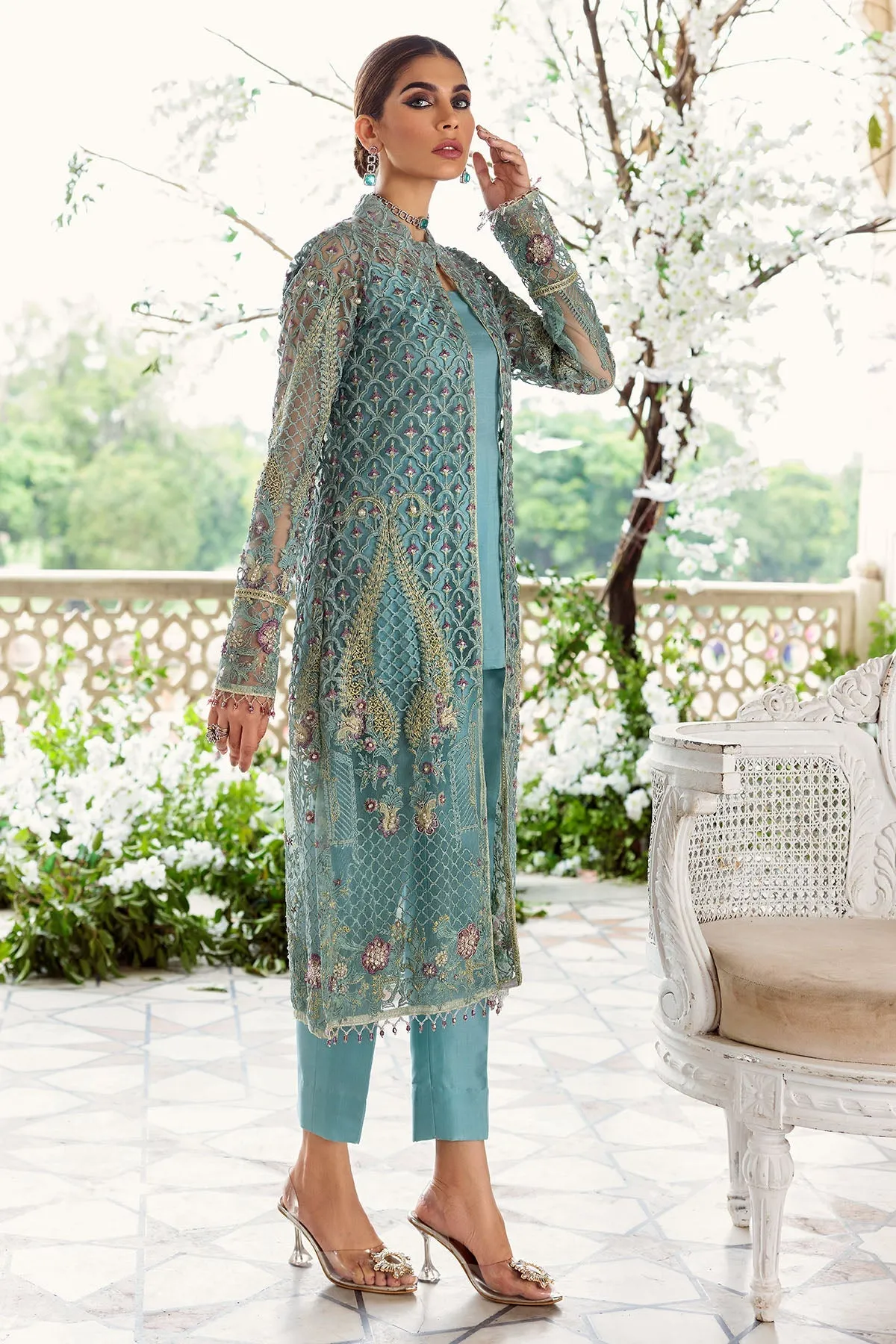 Sky Blue Embroidered Capri Shirt with Gown Pakistani Eid Dress