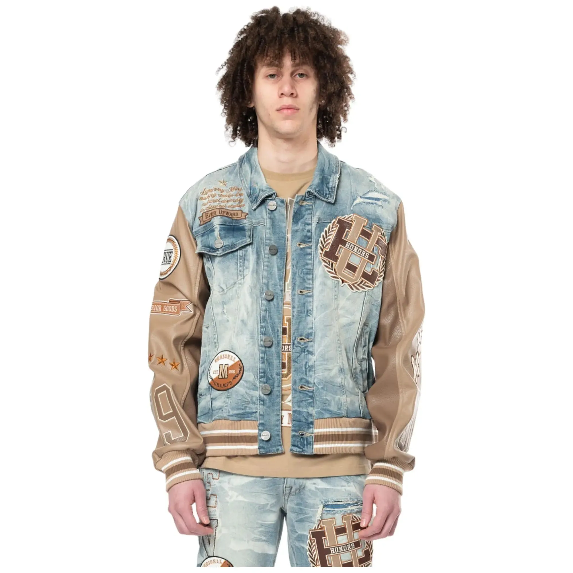 Smoke Rise Men Varsity PU Sleeve Denim Jacket (Clyde Blue)