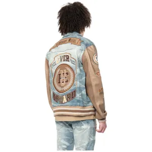 Smoke Rise Men Varsity PU Sleeve Denim Jacket (Clyde Blue)